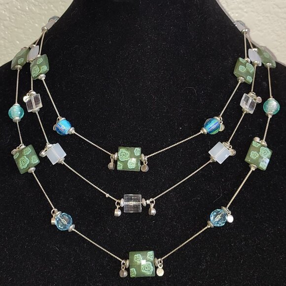 3 Strand Necklace Blue Green Beads Floral Silver Vintage Boho Bohemian - Picture 1 of 7